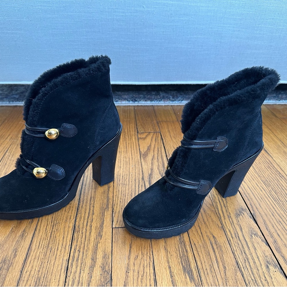 Coach Black Suede and Shearling Ankle Boots with Gold and Leather Accents